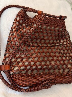 Beautifully Crafted Bohemian-Beachy Talbots Woven Macramé Leather Basket Bag